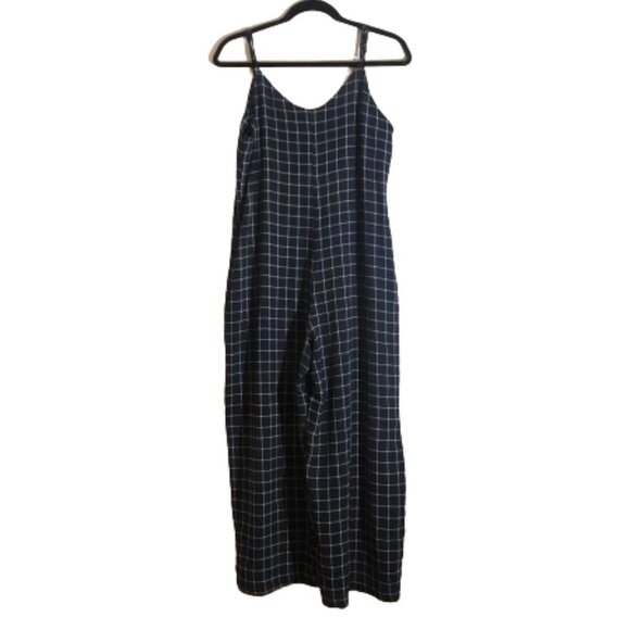Anthropologie Monteau window pane plaid wide leg navy and white jumpsuit - Picture 1 of 15